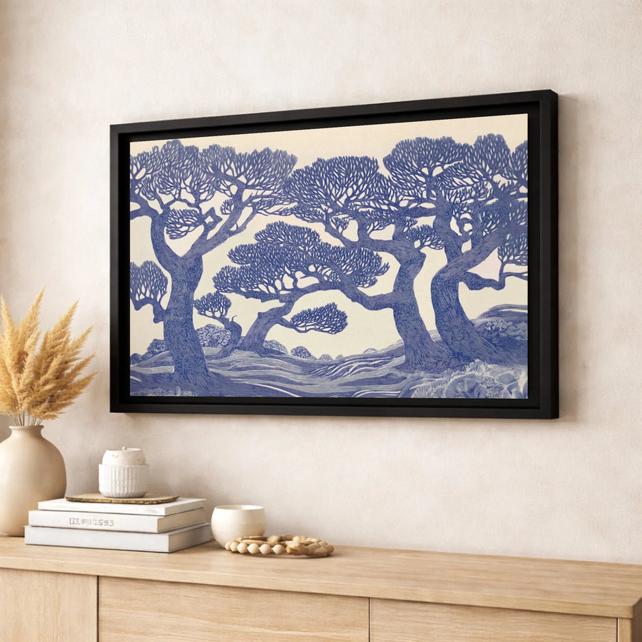 Gnarled Tree Grove Wall Art | Blue Linocut Style Landscape Print | Premium 1.25-Inch Gallery Canvas | Modern Home & Office Decor Gift