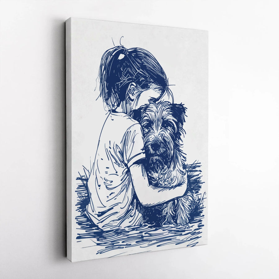 Girl Hugging Dog Wall Art | Blue Sketch Line Drawing Print | Premium Gallery Canvas | Heartwarming Pet Lover Gift Decor