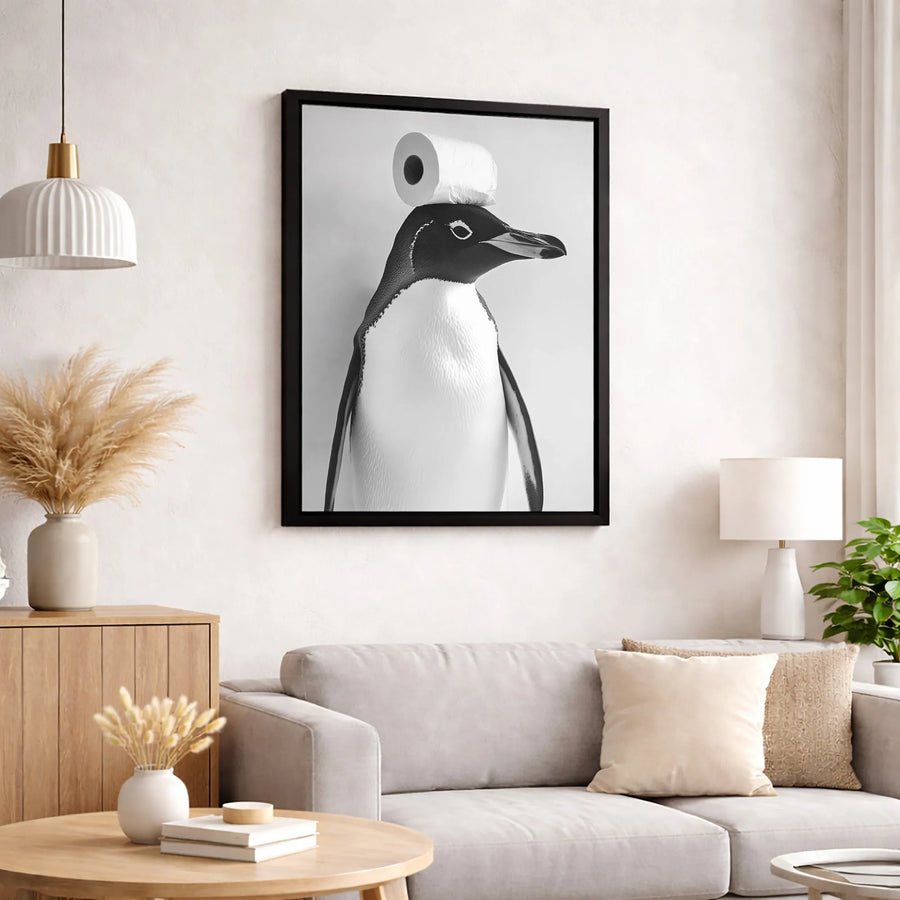 Funny Penguin Wall Art | Bathroom Decor Print with Toilet Paper | Premium Gallery Canvas | Quirky Gift for Animal Lovers