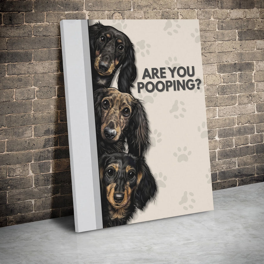 Dachshund Bathroom Wall Art | Funny Are You Pooping Dog Decor | Premium Gallery Wrap Canvas | Unique Gift for Dog Lovers