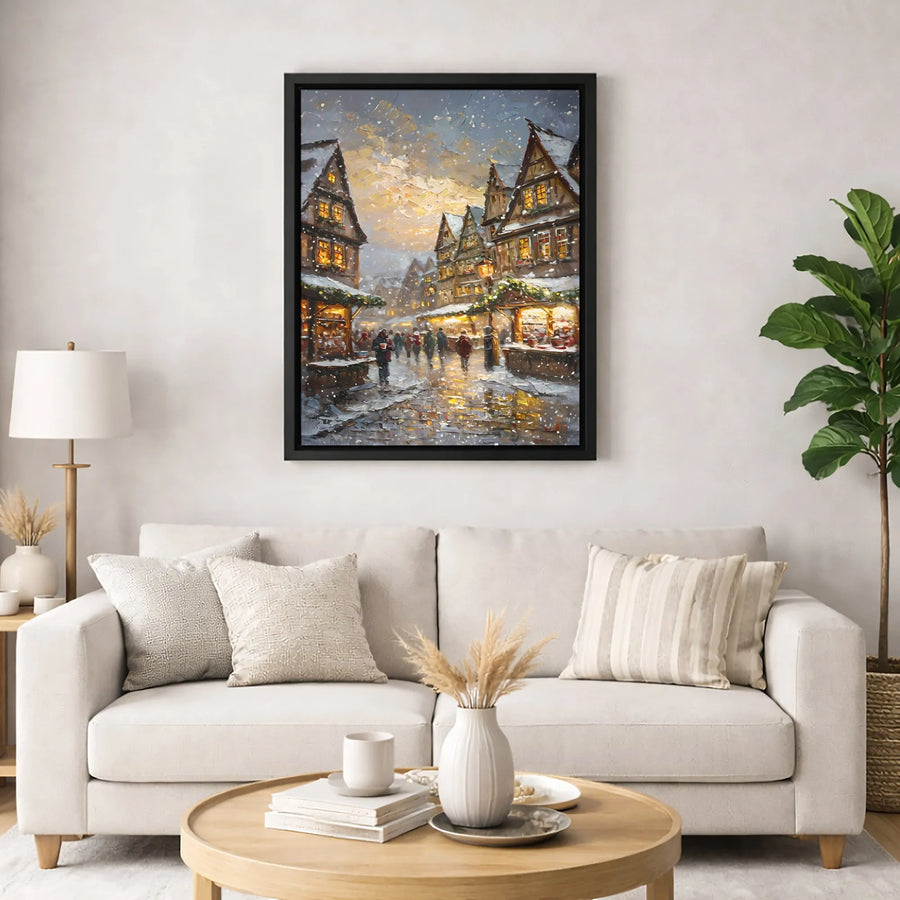 Winter Village Canvas Print | Impressionist Christmas Market Art | Gallery Wrap 1.25 Inch Profile | Festive Holiday Wall Decor