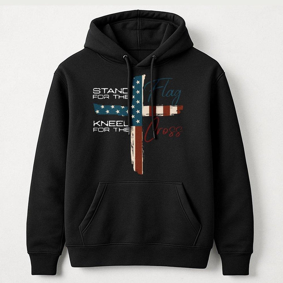 Stand For The Flag Kneel For The Cross Hoodie | Patriotic Christian Graphic Apparel | Soft Cotton Blend Sweatshirt | Faith And Country Gift For Men Women
