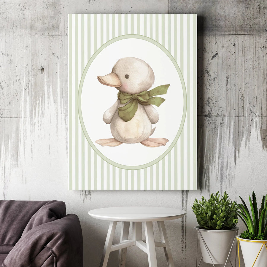 Watercolor Baby Duck Nursery Canvas | Green Bow Farmhouse Wall Art | Premium Gallery-Wrapped Print | Gender Neutral Baby Shower Gift