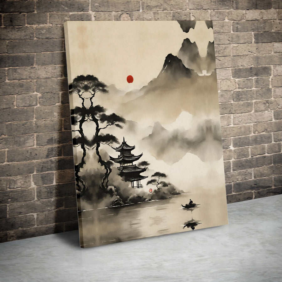 Japanese Pagoda Canvas Wall Art | Sumi-E Mountain Landscape with Red Sun | Premium Gallery Wrap Print | Zen Home Office Decor