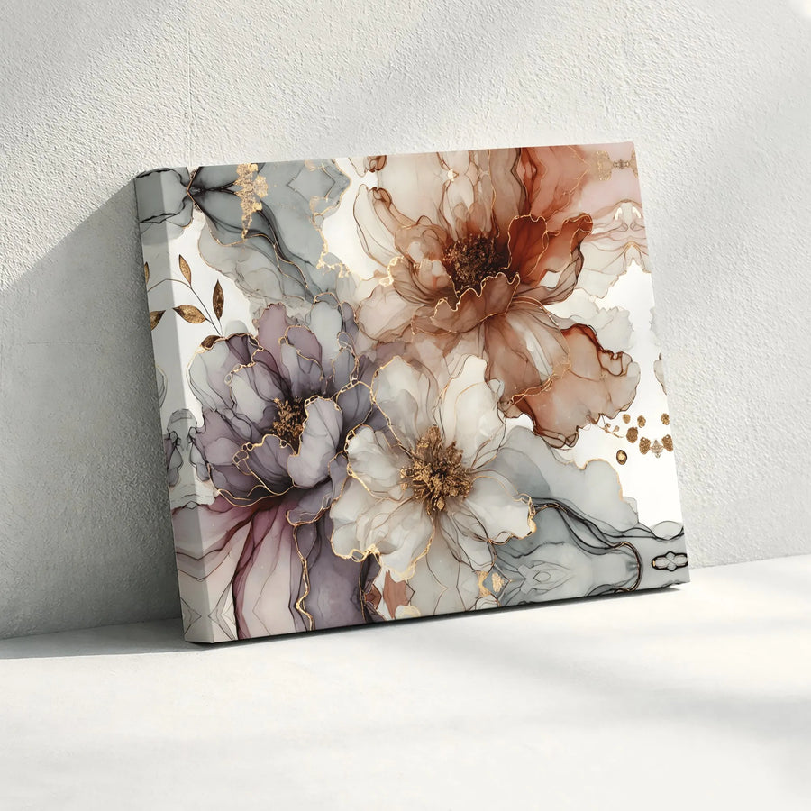 Elegant Floral Canvas Wall Art | Abstract Alcohol Ink Painting with Gold Accents | Premium Gallery Wrapped Print | Modern Living Room or Bedroom Decor