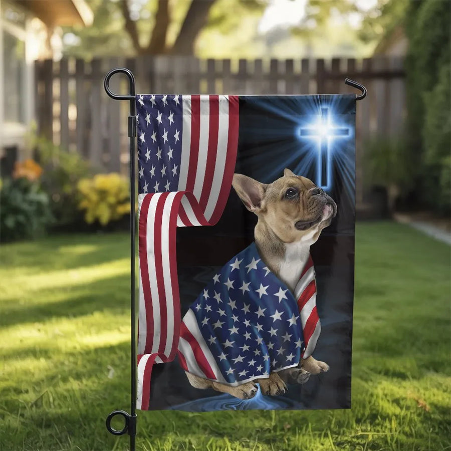 Patriotic French Bulldog Garden Flag | Christian American Flag Design | Weather-Resistant Double Sided Polyester | Gift for Dog Lover Yard Decor