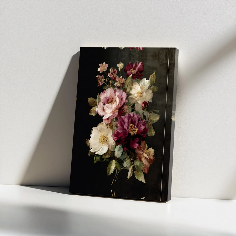 Moody Floral Wall Art Canvas | Vintage Peony Bouquet Painting | Premium Gallery Wrapped Decor | Sophisticated Home Office Aesthetic Gift