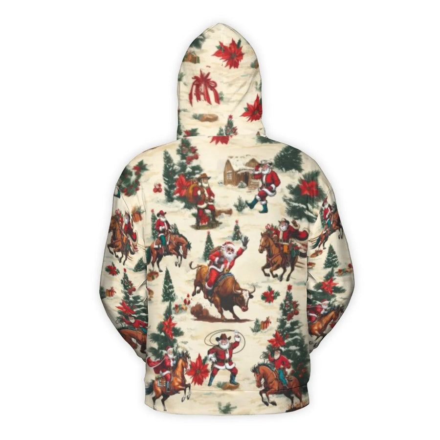 Western Cowboy Santa Hoodie | Bull Riding Christmas Design | Soft Brushed Fleece Polyester | Unisex Holiday Gift for Rodeo Lovers