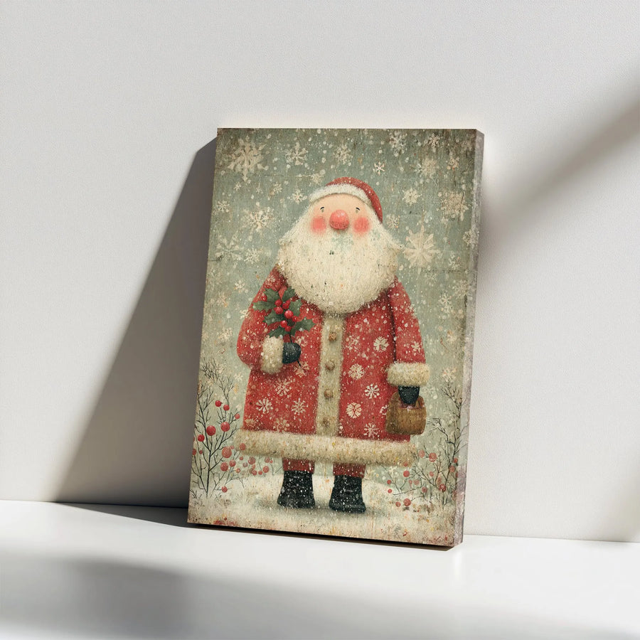 Vintage Santa Claus Wall Art | Whimsical Holiday Holly Canvas Print | Premium Gallery Wrap Decor | Ready to Hang Christmas Gift for Home