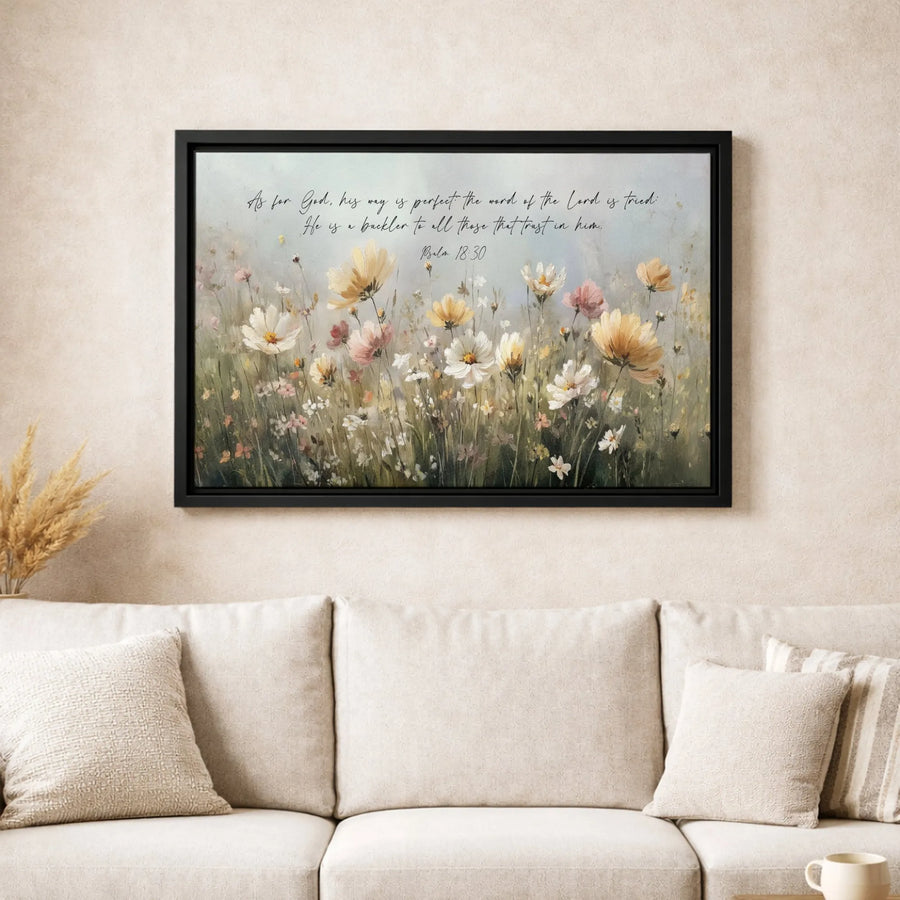 Psalm 18:30 Wall Art | Floral Scripture Canvas Print | Premium Gallery Wrap Decor | Christian Home Decor Gift