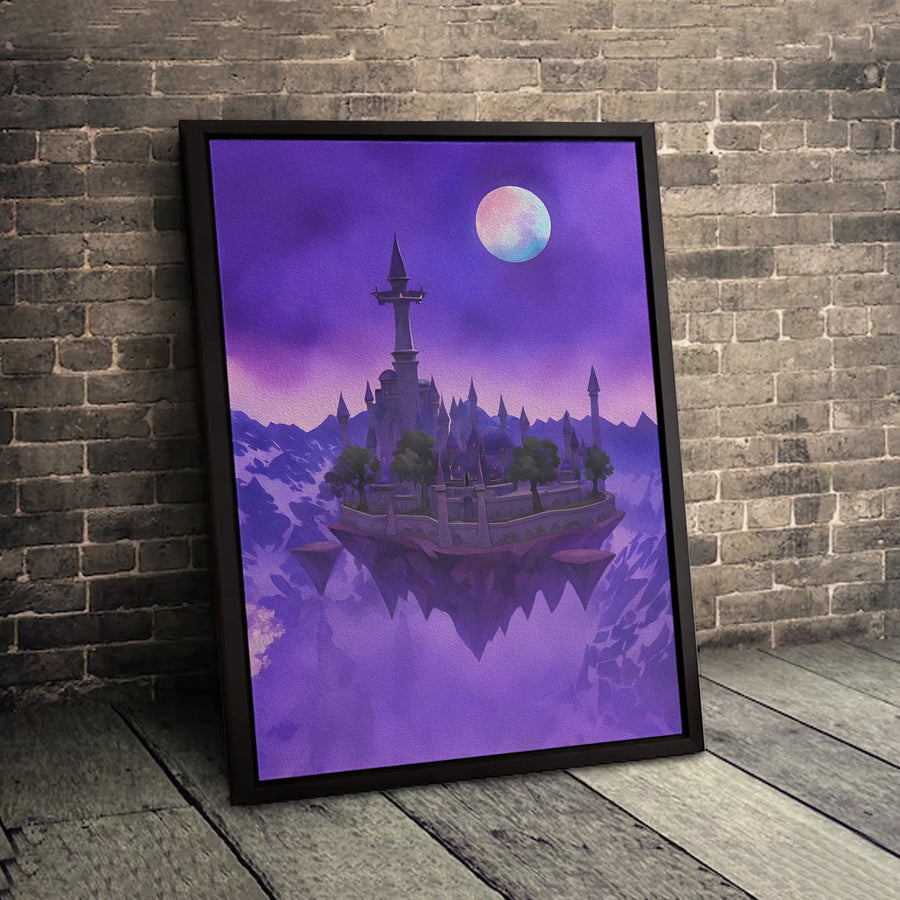 Floating Castle Canvas Wall Art | Fantasy Landscape Under Purple Moon | Premium Gallery Wrapped Print | Dreamy Bedroom Decor Gift
