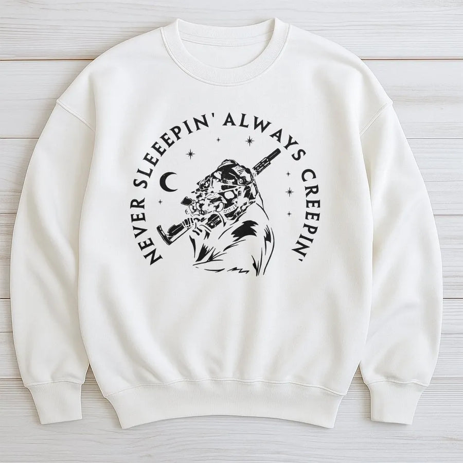 Never Sleepin Always Creepin Sweatshirt | Tactical Skull Night Vision Design | Premium Cotton Blend | Predator Hunting Gift for Hunters