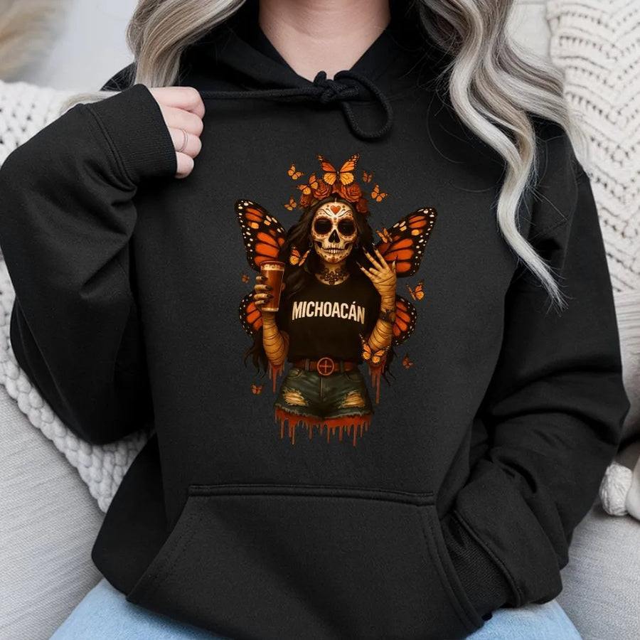 Michoacán Butterfly Skull Hoodie | Day of the Dead Sugar Skull Art | Premium Cotton Blend | Mexican Heritage Dia De Los Muertos Gift