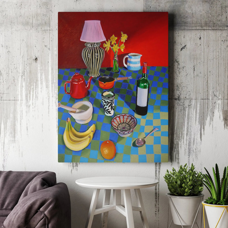 Still Life Canvas Print | Vibrant Kitchen Table Painting on Checkered Tablecloth | Premium Thick Gallery Canvas | Kitchen & Dining Room Wall Decor Gift