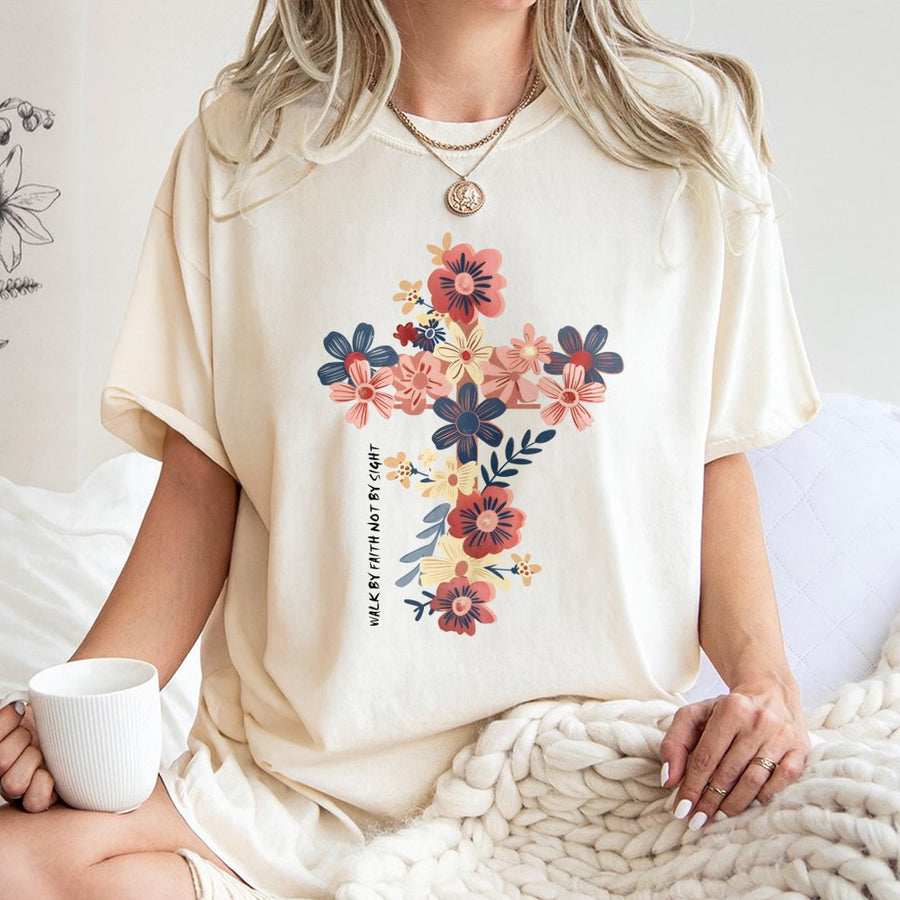 Floral Cross T-Shirt | Walk By Faith Not By Sight Christian Graphic | Premium 100% Cotton | Religious Gift for Women & Faith-Based Apparel