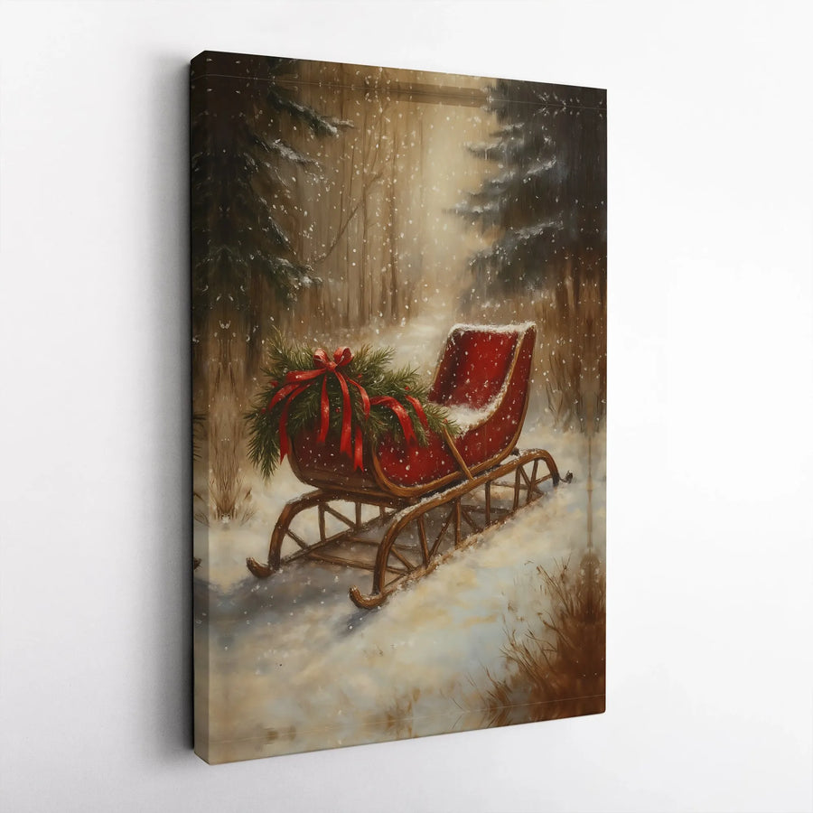 Vintage Red Christmas Sleigh Canvas Print | Snowy Forest Winter Landscape | Gallery-Wrapped Premium Wall Art | Festive Holiday Home Decor Gift