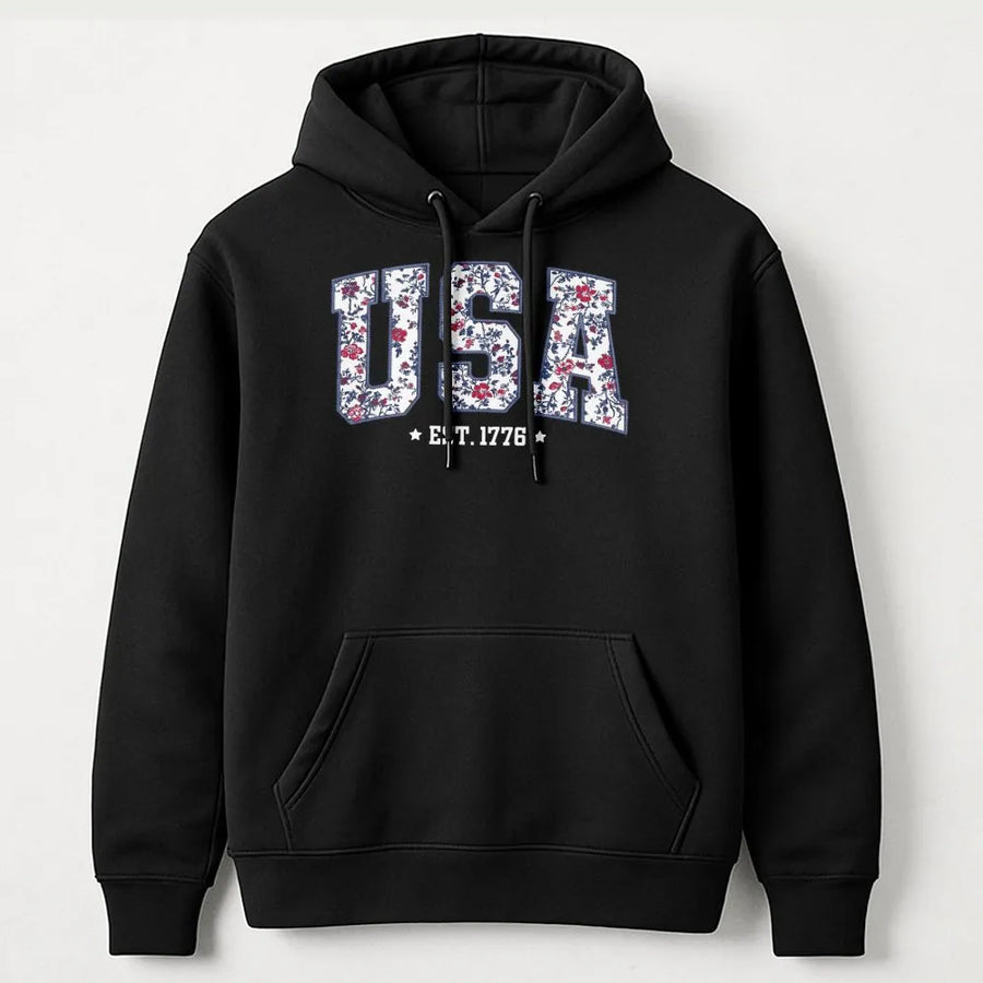 Patriotic USA Hoodie | Floral Est. 1776 Graphic Sweatshirt | Premium Cotton Blend | 4th of July Gift for Women