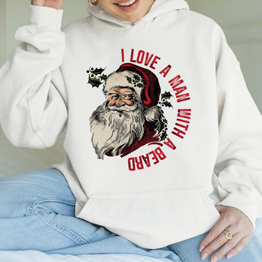 I Love A Man With A Beard Hoodie | Retro Santa Claus Christmas Graphic | Soft Cotton-Blend Pullover | Funny Holiday Gift For Her