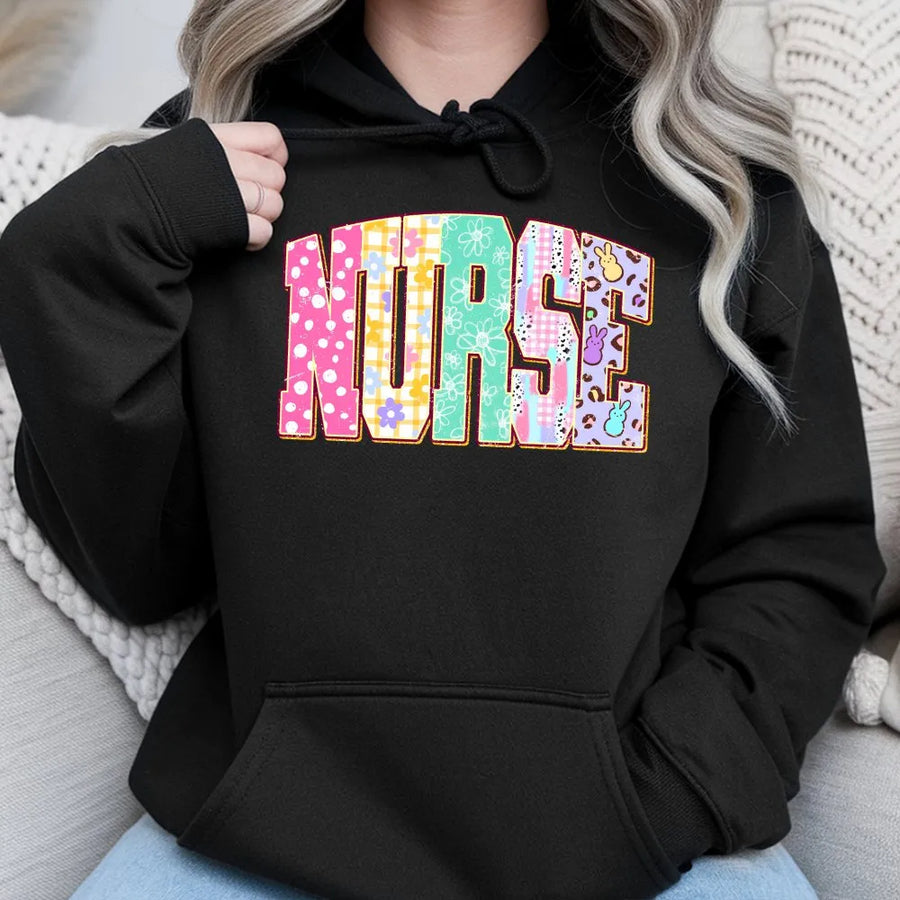 Nurse Easter Hoodie | Pastel Floral Patchwork Lettering | Cotton-Polyester Blend | Festive Gift for RN CNA Nursing Students