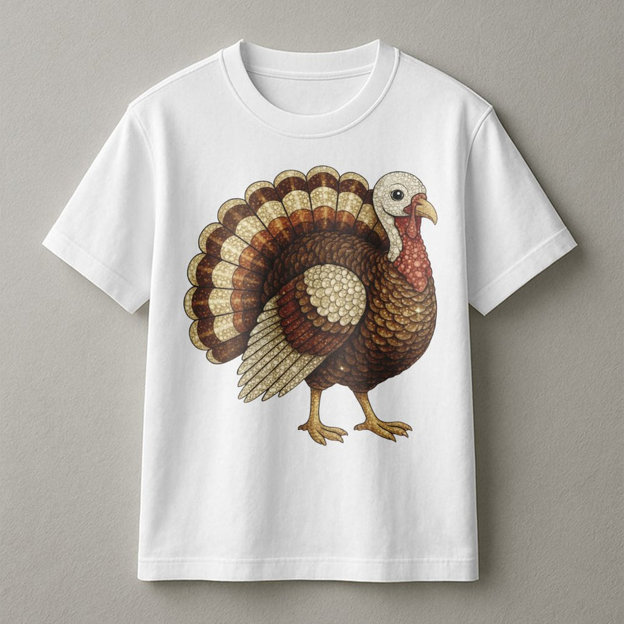 Thanksgiving Turkey T-Shirt | Artistic Faux Rhinestone Graphic Design | Premium Soft Cotton Tee | Cute Fall Harvest Gift for Women & Family