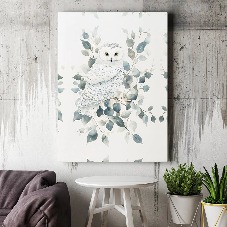 Snowy Owl Watercolor Canvas Wall Art | Minimalist Eucalyptus Botanical Print | Premium Gallery Wrapped Canvas | Gift for Nature Lover, Woodland Nursery Decor