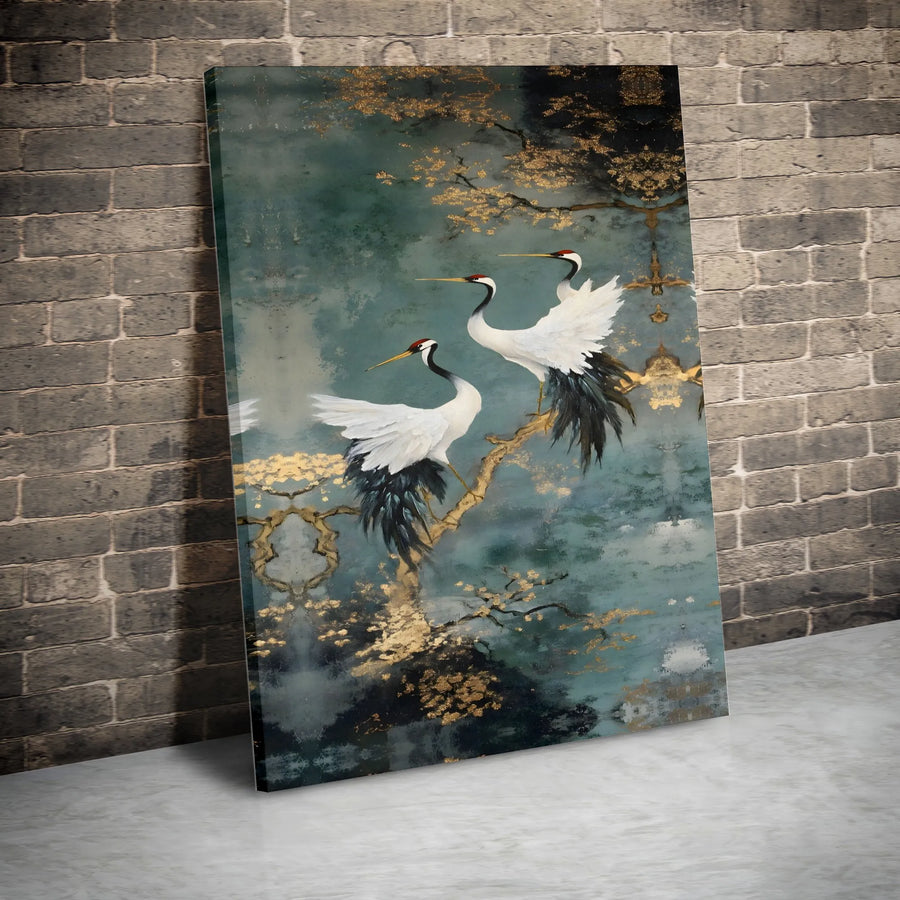 Japanese Crane Wall Art | Gold Leaf Chinoiserie Canvas Print | Premium Gallery Wrapped Decor | Zen Inspired Living Room Gift
