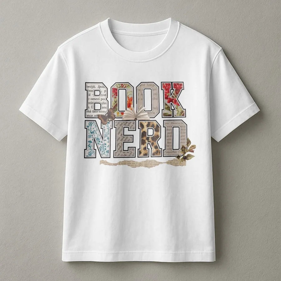 Book Nerd T-Shirt | Retro Collage & Floral Letters | Premium Cotton | Gift for Book Lovers, Readers & Librarians