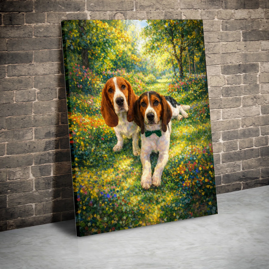 Basset Hound Canvas Wall Art | Impressionist Dog Portrait in Flower Meadow | Premium Gallery Wrap Canvas | Gift for Dog Owner