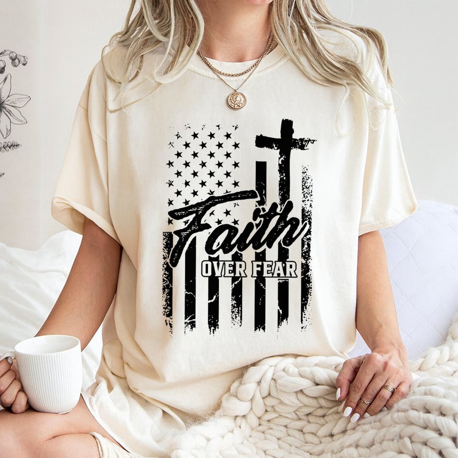 Faith Over Fear T-Shirt | Patriotic American Flag Cross Graphic | Premium 100% Cotton Tee | Christian Religious Gift for Men and Women