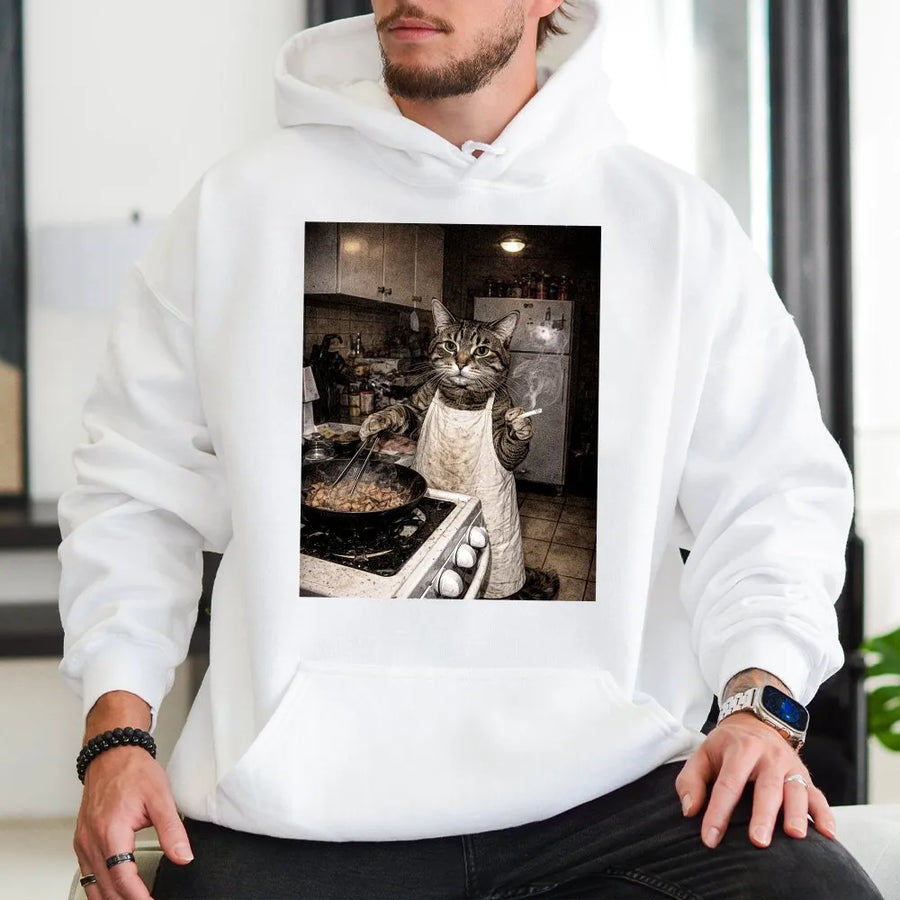 Funny Cat Meme Hoodie | Retro Cooking Cat Graphic | Soft Unisex Crewneck | Gift for Cat Lovers and Meme Fans