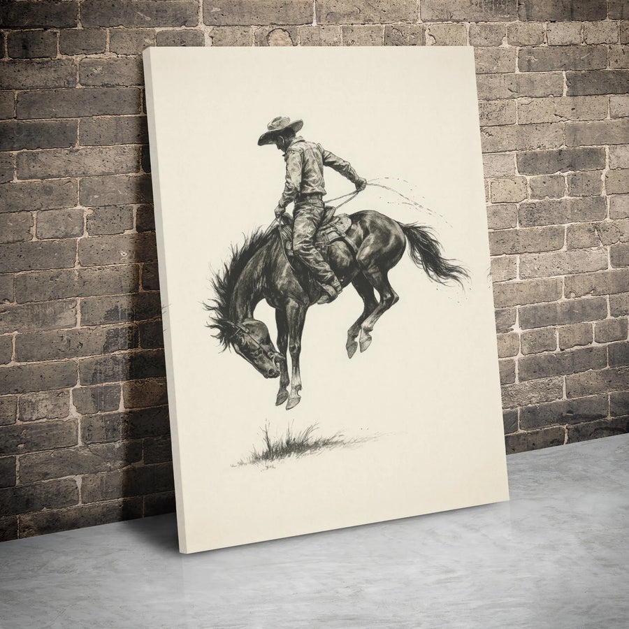 Western Cowboy Canvas Wall Art | Bucking Bronco Sketch | Premium Gallery Wrap Print | Rustic Farmhouse Decor for Men’s Office or Living Room