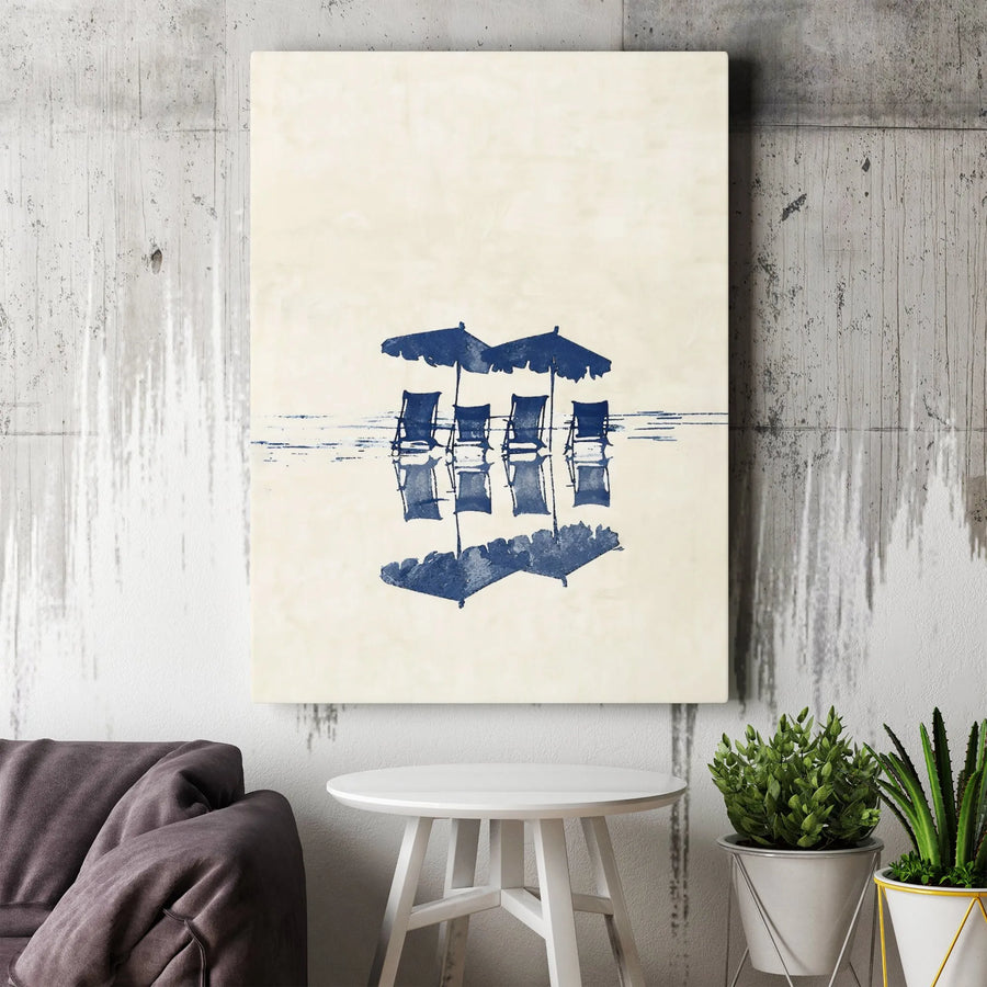 Beach Chairs Canvas Print | Minimalist Blue Ocean Umbrella Wall Art | Gallery Wrapped Premium Decor | Coastal Home Office Gift