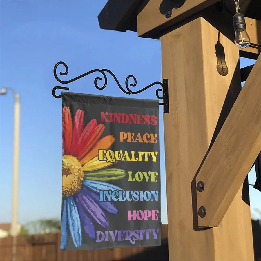 Kindness Peace Equality Garden Flag | Rainbow Daisy Flower Yard Decor | Durable Double-Sided Polyester | Positive Message Housewarming Gift