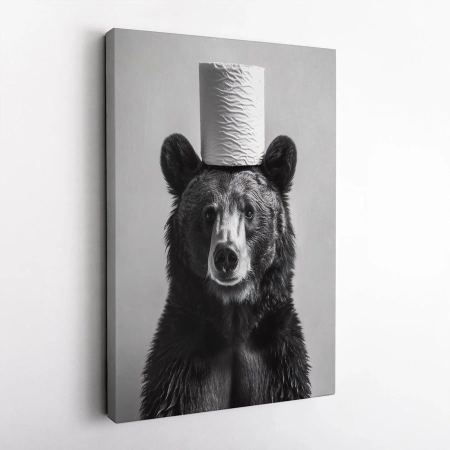 Funny Bear Wall Art | Toilet Paper Hat Animal Portrait | Premium Gallery Wrapped Canvas | Quirky Bathroom Decor Gift For Him