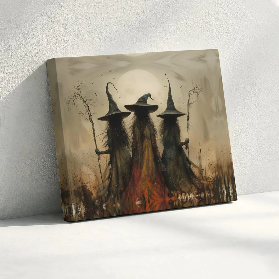 Three Witches Wall Art | Gothic Full Moon Coven Painting | Premium Gallery-Wrapped Canvas | Spooky Halloween Home Decor Gift