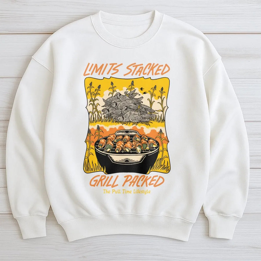 Dove Hunting Sweatshirt | Limits Stacked Grill Packed Graphic | Premium Cotton Blend Crewneck | Gift for Outdoorsmen and Bird Hunters