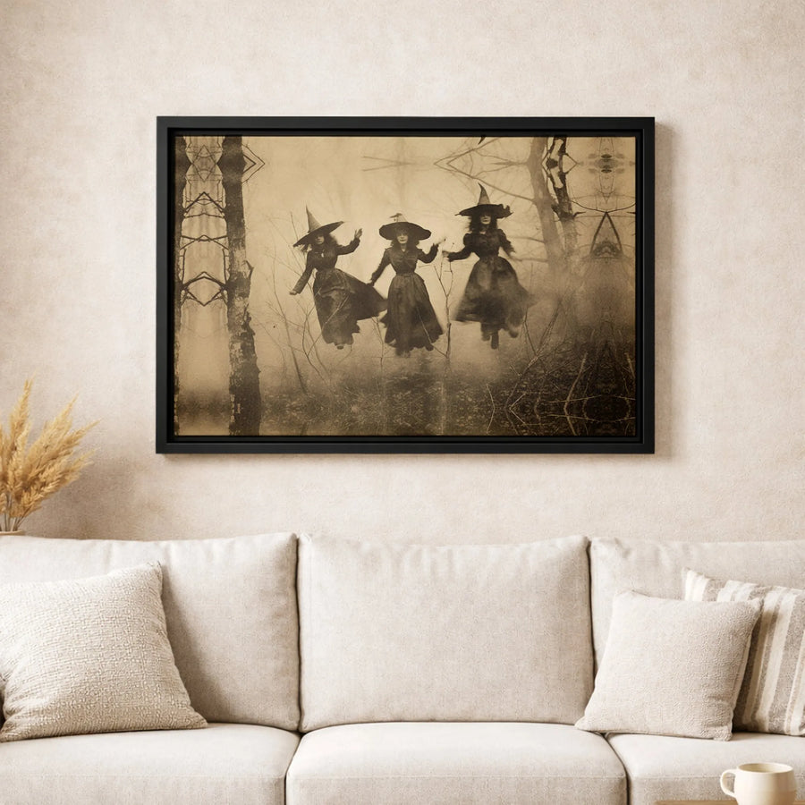 Floating Witches Wall Art | Vintage Sepia Forest Canvas Print | 1.25 Inch Gallery Wrap | Gothic Halloween Home Decor Gift