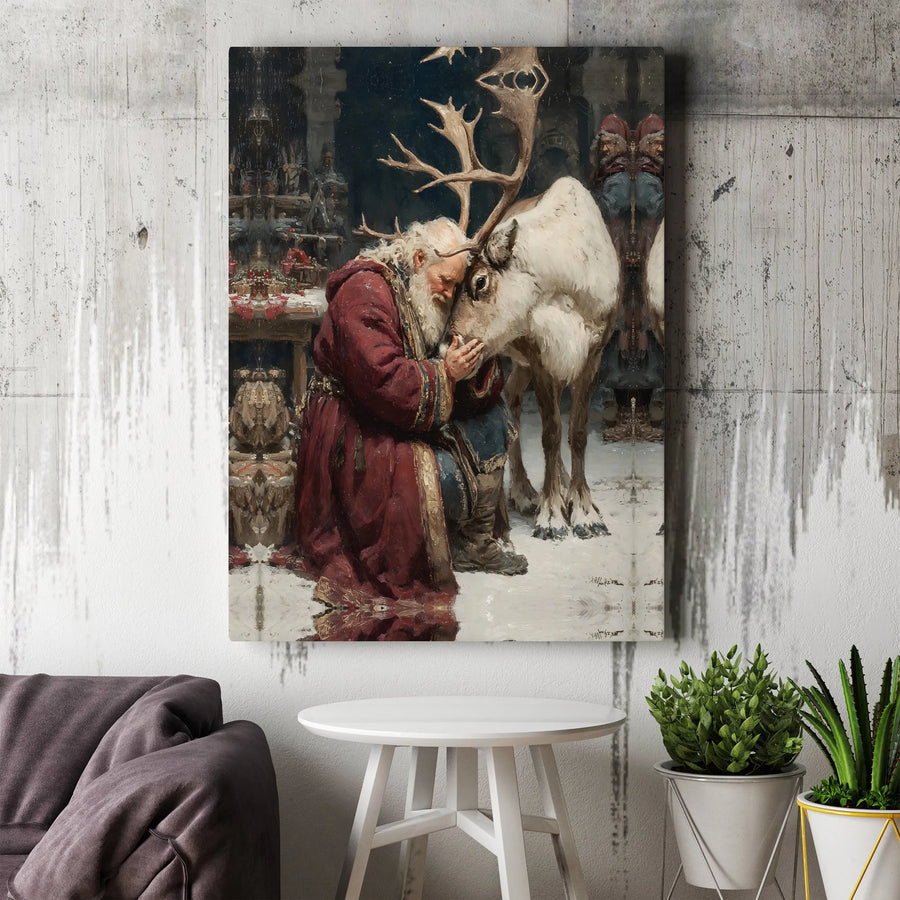 Santa Claus and Reindeer Canvas | Vintage Christmas Oil Painting Wall Art | Premium 1.25 Inch Gallery Wrap | Festive Holiday Home Decor Gift