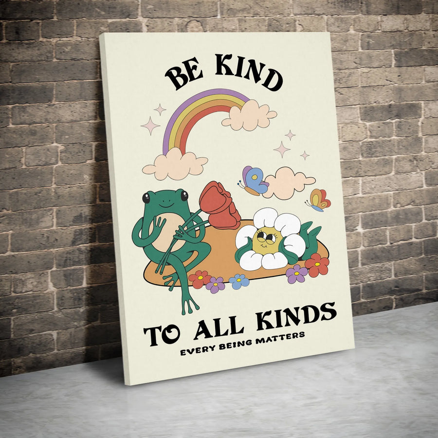 Be Kind To All Kinds Wall Art | Retro Frog And Flower Rainbow Canvas | Premium Fade-Resistant Print | Aesthetic Nursery Or Classroom Decor Gift