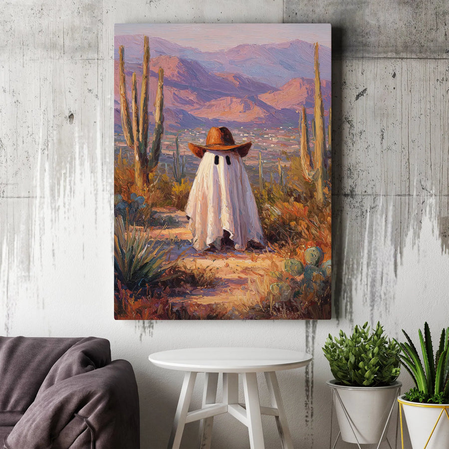 Cowboy Ghost Canvas Wall Art | Western Desert Saguaro Cactus Print | Premium Gallery Wrap Decor | Spooky Southwestern Home Gift
