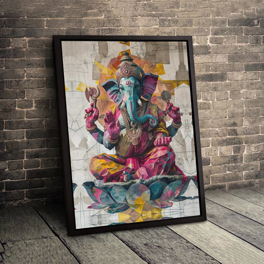 Lord Ganesha Canvas Wall Art | Geometric Lotus Flower Print | Premium Fade-Resistant Gallery Wrap | Modern Hindu Home Decor Gift