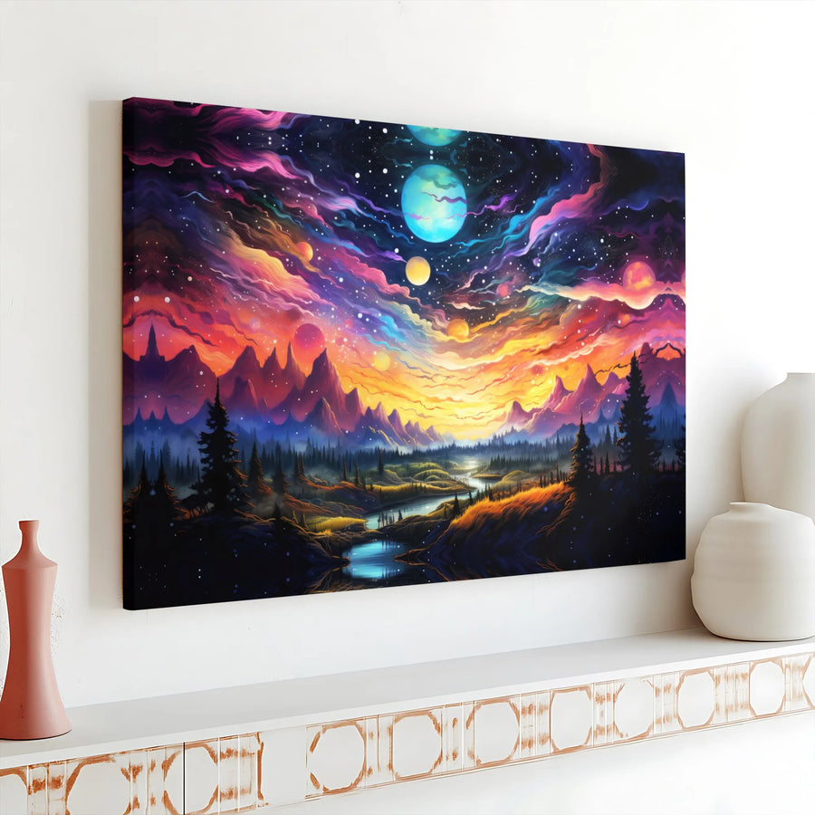 Cosmic Landscape Canvas Wall Art | Vibrant Celestial Planet Galaxy Print | 1.25-Inch Premium Gallery Wrap | Modern Home Office Decor Gift