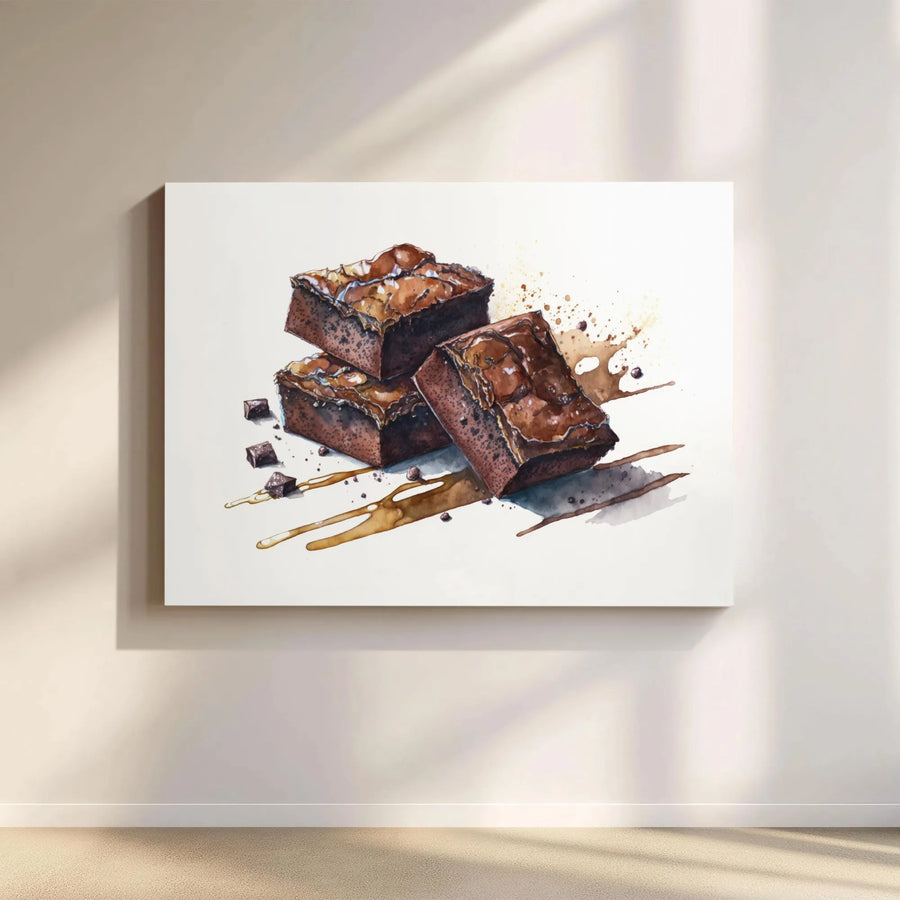 Chocolate Brownie Canvas Wall Art | Watercolor Dessert Painting | Premium Gallery Quality Print | Kitchen & Bakery Decor Gift for Foodie