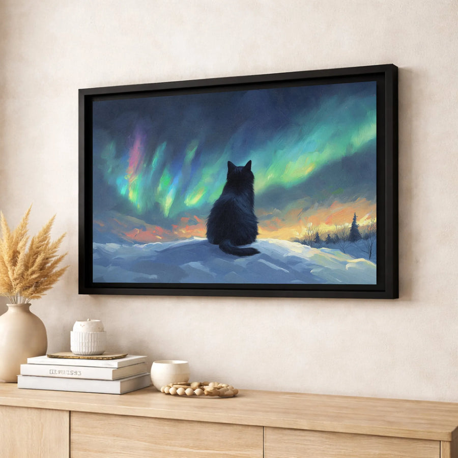 Black Cat Northern Lights Canvas Art | Aurora Borealis Snowy Landscape | Premium Fade-Resistant Print | Magical Nature Wall Decor Gift
