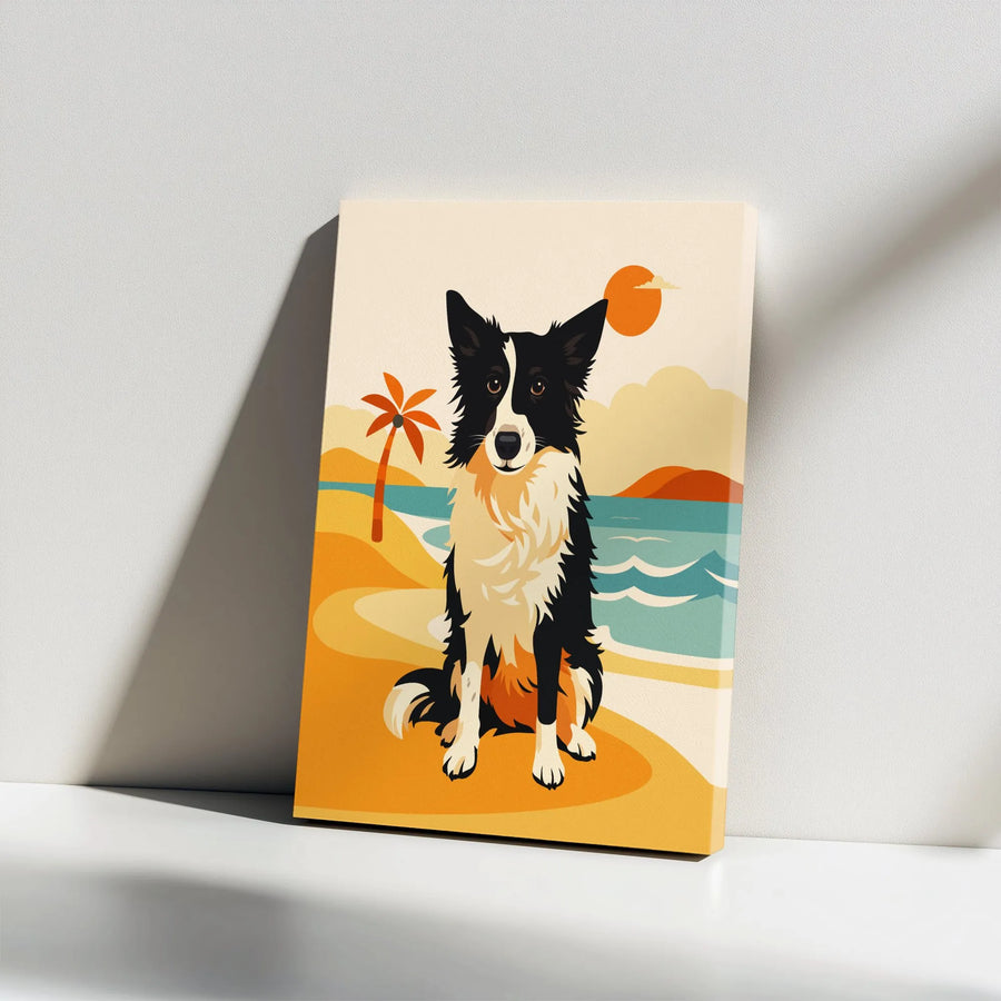 Border Collie Canvas Wall Art | Retro Beach Sunset Print | Premium Gallery Wrapped Canvas | Unique Gift for Dog Lover