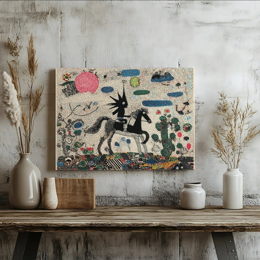 Abstract Horse Rider Canvas Print | Modern Pointillist Folk Art Illustration | Premium Gallery Wrapped Canvas | Eclectic Living Room Decor Gift
