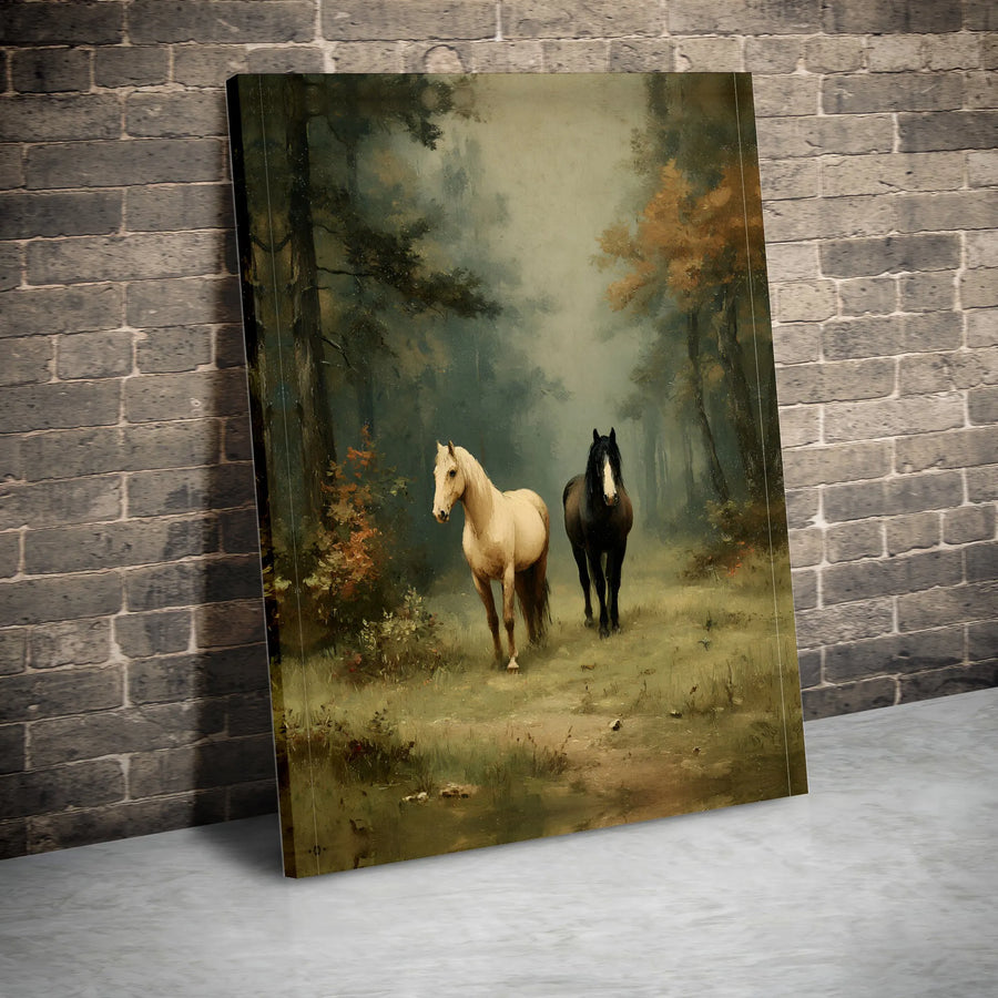Vintage Horse Painting Canvas Wall Art | Equestrian Woodland Scene | Premium Canvas Print | Farmhouse Living Room Decor Gift for Horse Lover