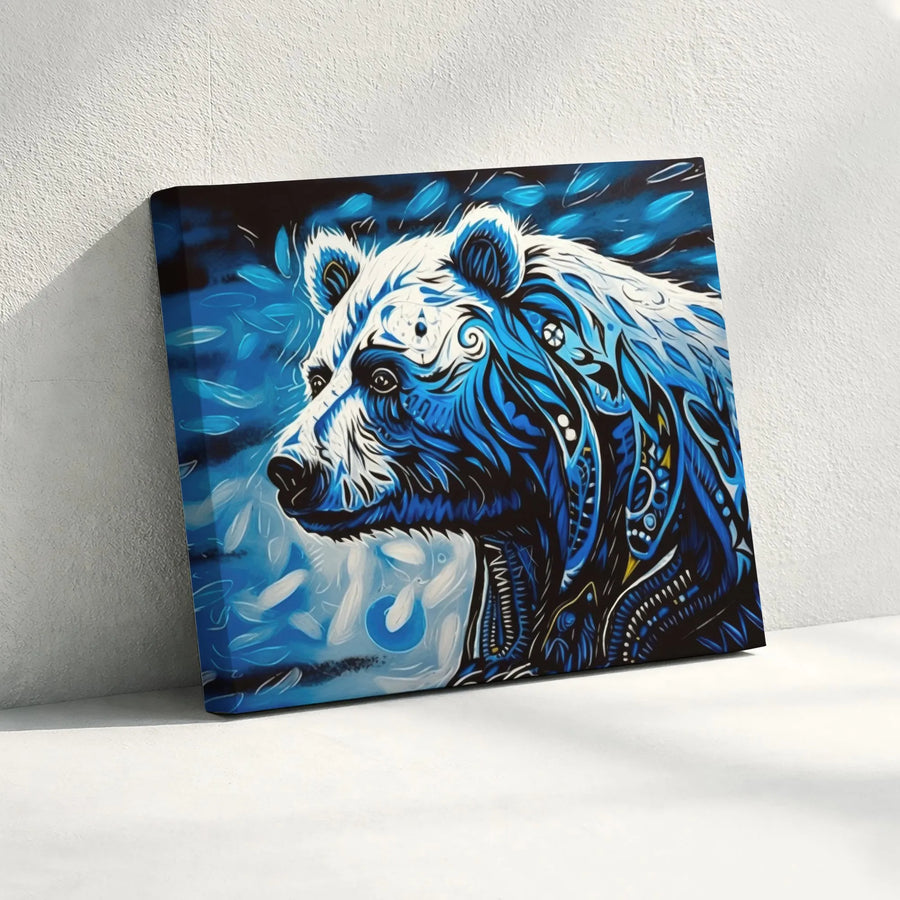 Abstract Polar Bear Canvas Wall Art | Tribal Blue Wildlife Design | 1.25-inch Premium Gallery Profile | Modern Home Decor Gift