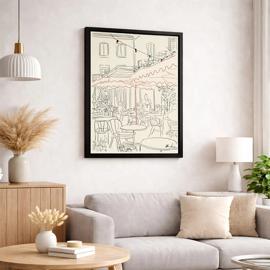 European Cafe Canvas Wall Art | Minimalist Line Drawing Print | Premium Fade-Resistant Gallery Wrap | Modern Home Decor Gift