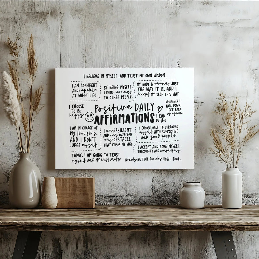 Positive Daily Affirmations Canvas Wall Art | Inspirational Motivational Quotes Decor | Premium 1.25" Gallery Wrap | Gift for Her Mental Health Office